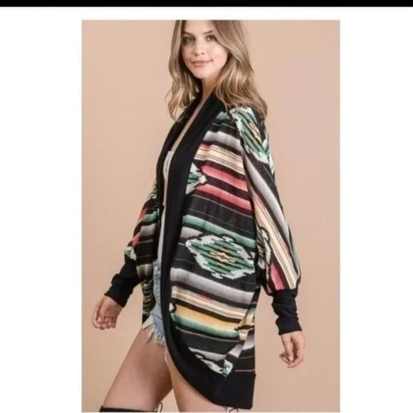 MULTICOLOR AZTEC PRINT OPEN CARDIGAN W/DOLMAN SLEEVES-NEW - Picture 4 of 8